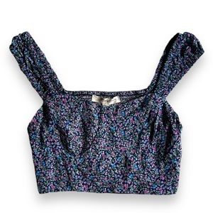 Rewind smocked blue floral stretch crop top, Xs
